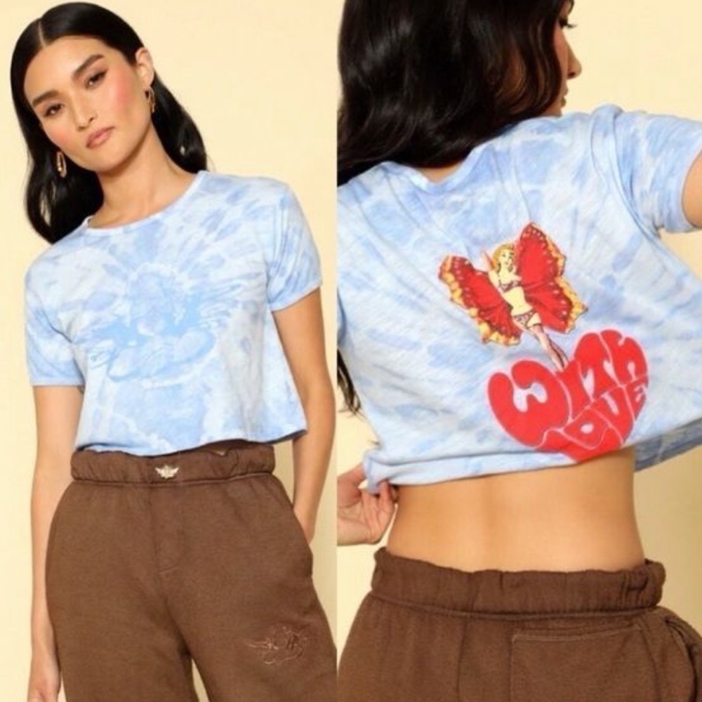 New Boys Lie Cropped With Love short sleeve T-shirt large dreamy blue tie dye